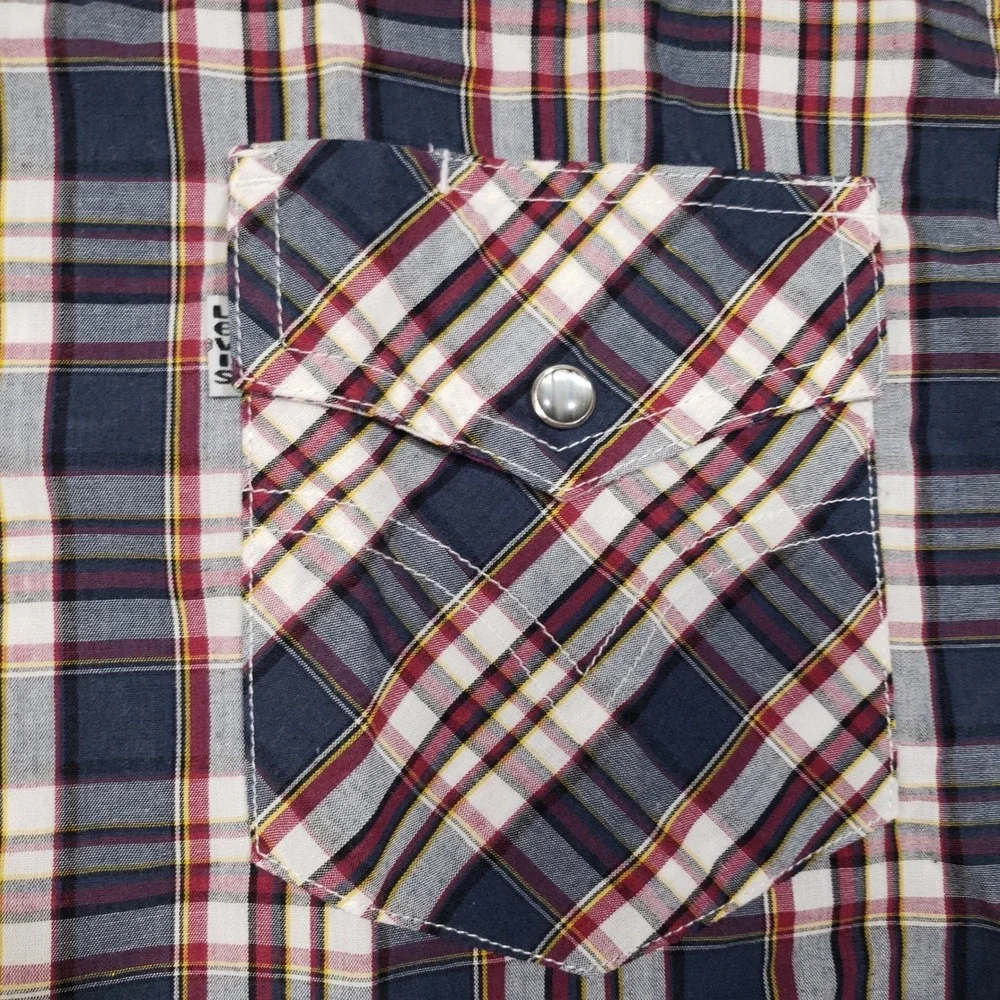 Levi's Pearl Snap Shirt Mens XXL Navy Red Plaid Western Modern Fit Shoulder Yoke